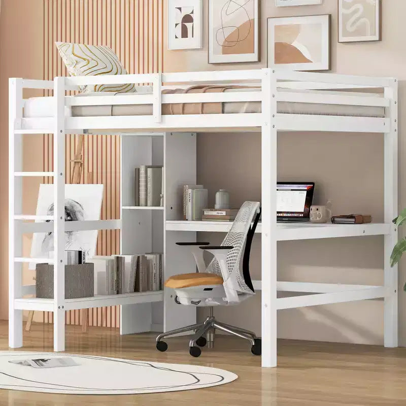 Lit mezzanine double en bois avec bureau, cadre de lit mezzanine haut avec étagères de rangement