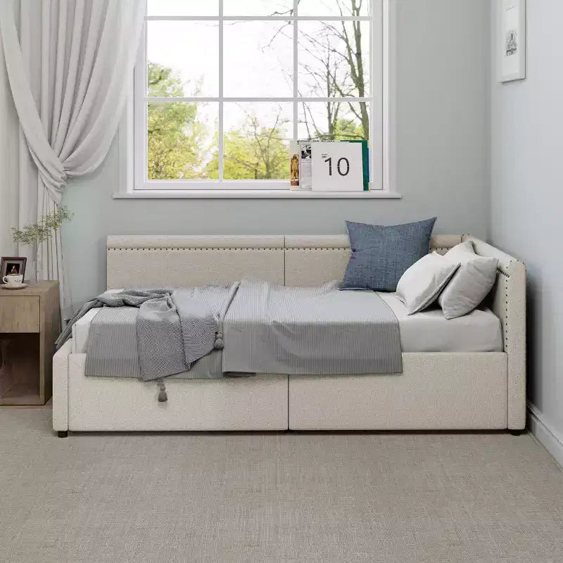 GDFStudio Carol Lit de repos d'angle moderne en L pour deux personnes avec revêtement en lin et deux tiroirs de rangement