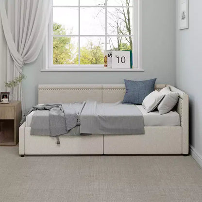 GDFStudio Carol Lit de repos d'angle moderne en L pour deux personnes avec revêtement en lin et deux tiroirs de rangement