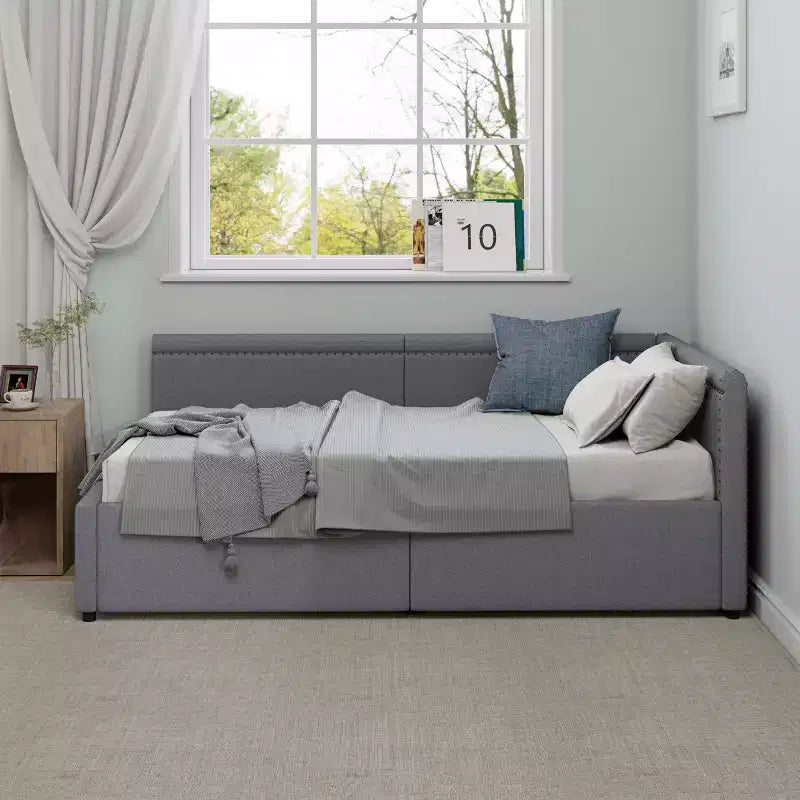 GDFStudio Carol Lit de repos d'angle moderne en L pour deux personnes avec revêtement en lin et deux tiroirs de rangement