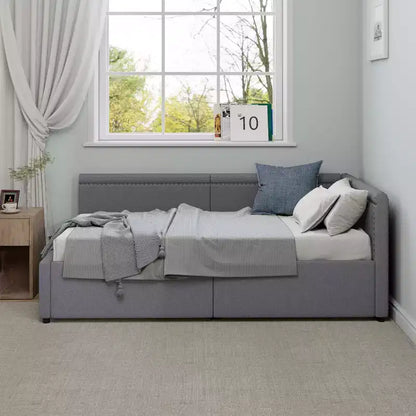 GDFStudio Carol Lit de repos d'angle moderne en L pour deux personnes avec revêtement en lin et deux tiroirs de rangement