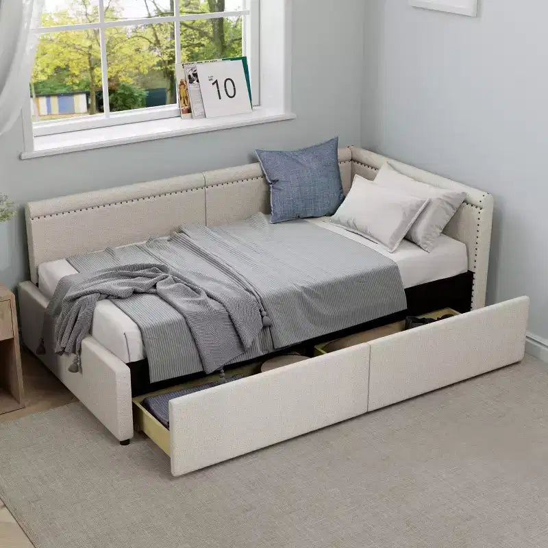 GDFStudio Carol Modern Twin Size L-Shape Corner Daybed with Linen Upholstery and Two Storage Drawers