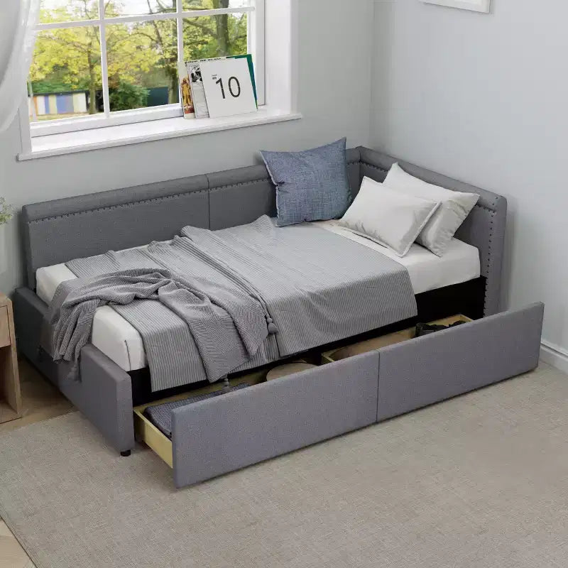 GDFStudio Carol Lit de repos d'angle moderne en L pour deux personnes avec revêtement en lin et deux tiroirs de rangement