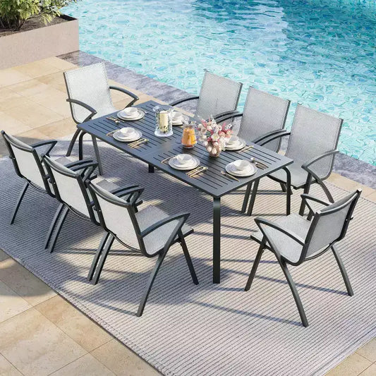 70.9 Outdoor Large Long Dining Table for 6-8,Water Proof Aluminum Patio Table with Slatted Top & Umbrella Hole for Backyard/Garden/Lawn