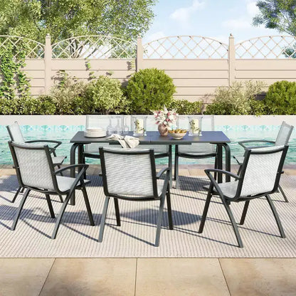 Grande table de salle à manger d'extérieur de 180 cm pour 6 à 8 personnes, table de patio en aluminium étanche avec plateau à lattes et trou pour parasol pour jardin/pelouse