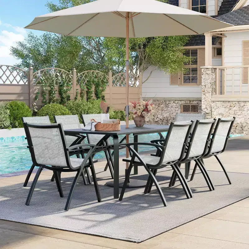 Grande table de salle à manger d'extérieur de 180 cm pour 6 à 8 personnes, table de patio en aluminium étanche avec plateau à lattes et trou pour parasol pour jardin/pelouse