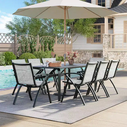 Grande table de salle à manger d'extérieur de 180 cm pour 6 à 8 personnes, table de patio en aluminium étanche avec plateau à lattes et trou pour parasol pour jardin/pelouse