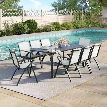Grande table de salle à manger d'extérieur de 180 cm pour 6 à 8 personnes, table de patio en aluminium étanche avec plateau à lattes et trou pour parasol pour jardin/pelouse