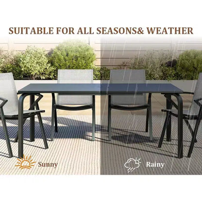 Grande table de salle à manger d'extérieur de 180 cm pour 6 à 8 personnes, table de patio en aluminium étanche avec plateau à lattes et trou pour parasol pour jardin/pelouse
