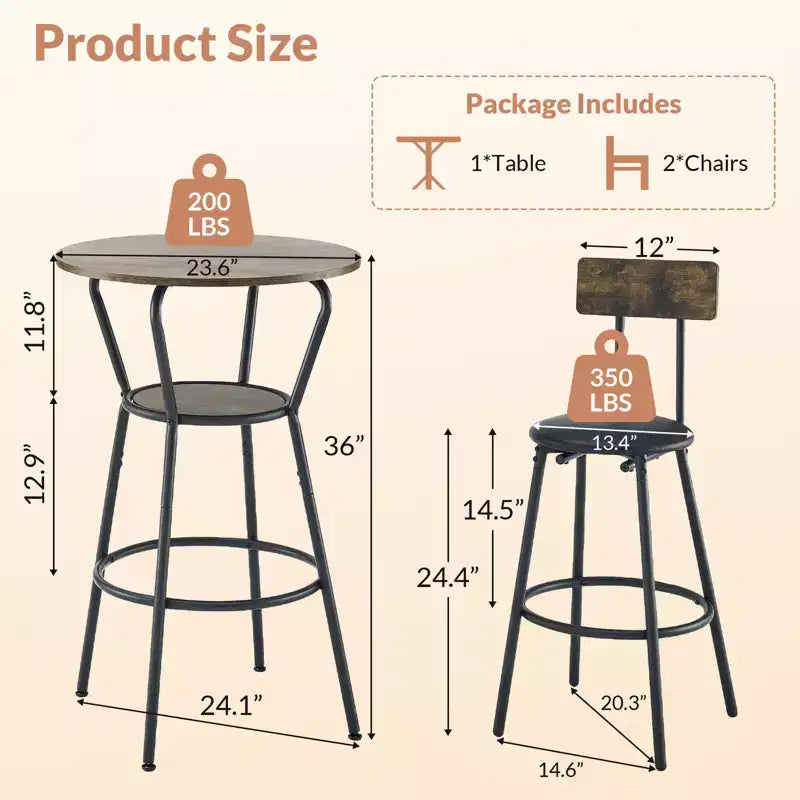 Zevemomo Ensemble table et 2 tabourets de bar ronds 3 pièces, petite table à manger pour 2, avec 2 tabourets rembourrés, pour cuisine, salle à manger et bistrot - Marron rustique