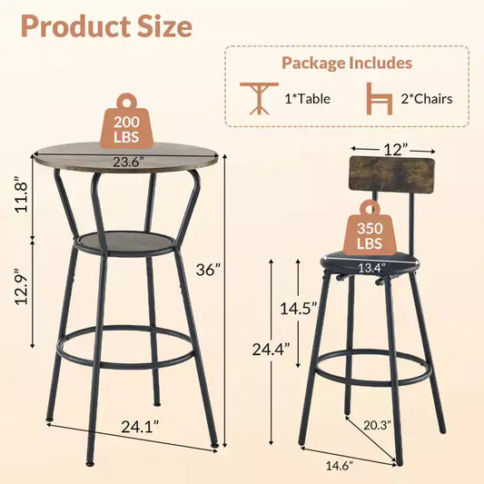 Zevemomo Ensemble table et 2 tabourets de bar ronds 3 pièces, petite table à manger pour 2, avec 2 tabourets rembourrés, pour cuisine, salle à manger et bistrot - Marron rustique