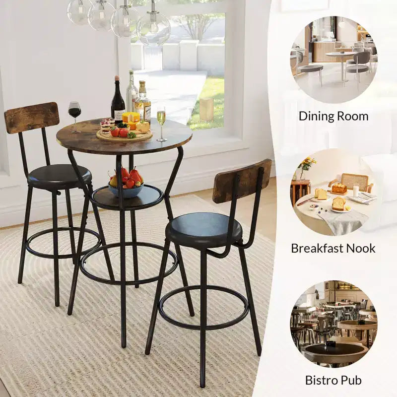 Zevemomo Ensemble table et 2 tabourets de bar ronds 3 pièces, petite table à manger pour 2, avec 2 tabourets rembourrés, pour cuisine, salle à manger et bistrot - Marron rustique