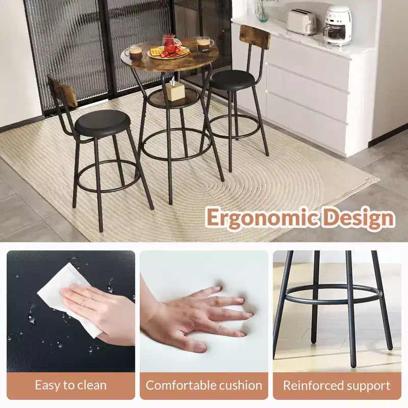 Zevemomo Ensemble table et 2 tabourets de bar ronds 3 pièces, petite table à manger pour 2, avec 2 tabourets rembourrés, pour cuisine, salle à manger et bistrot - Marron rustique