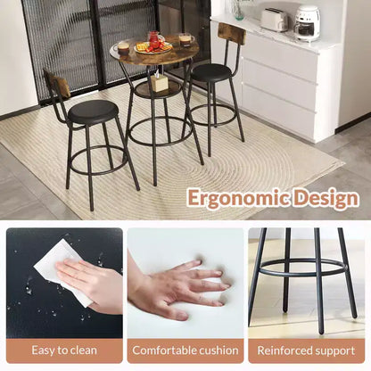 Zevemomo Ensemble table et 2 tabourets de bar ronds 3 pièces, petite table à manger pour 2, avec 2 tabourets rembourrés, pour cuisine, salle à manger et bistrot - Marron rustique