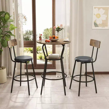 Zevemomo Ensemble table et 2 tabourets de bar ronds 3 pièces, petite table à manger pour 2, avec 2 tabourets rembourrés, pour cuisine, salle à manger et bistrot - Marron rustique