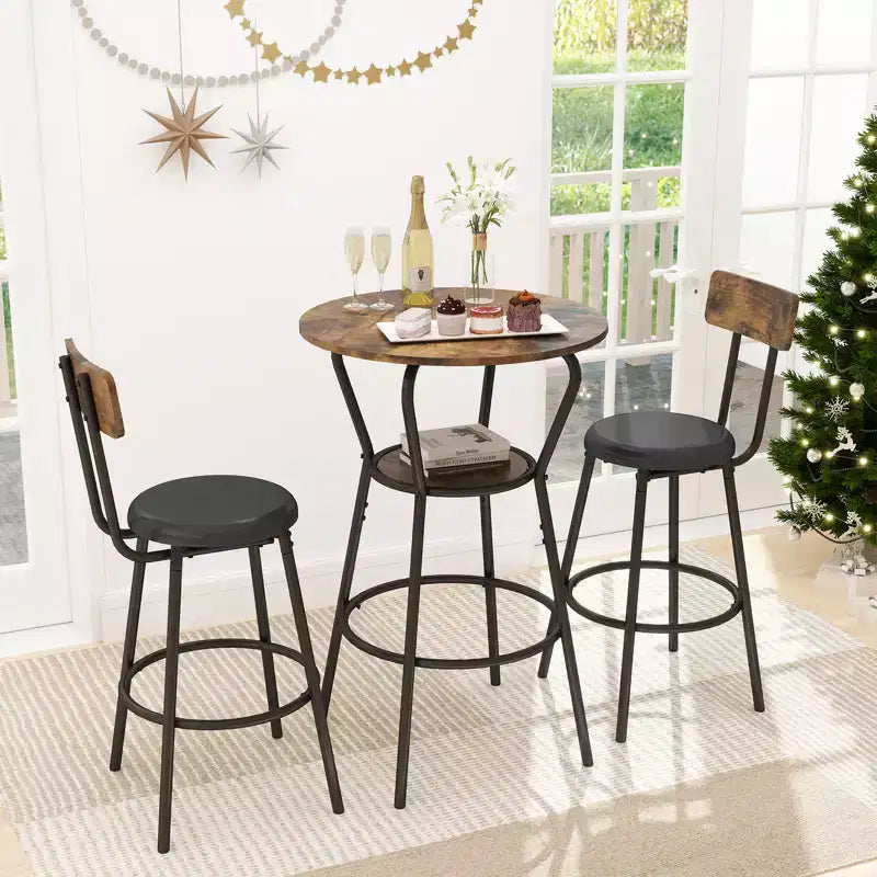 Zevemomo Ensemble table et 2 tabourets de bar ronds 3 pièces, petite table à manger pour 2, avec 2 tabourets rembourrés, pour cuisine, salle à manger et bistrot - Marron rustique
