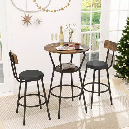 Zevemomo Ensemble table et 2 tabourets de bar ronds 3 pièces, petite table à manger pour 2, avec 2 tabourets rembourrés, pour cuisine, salle à manger et bistrot - Marron rustique