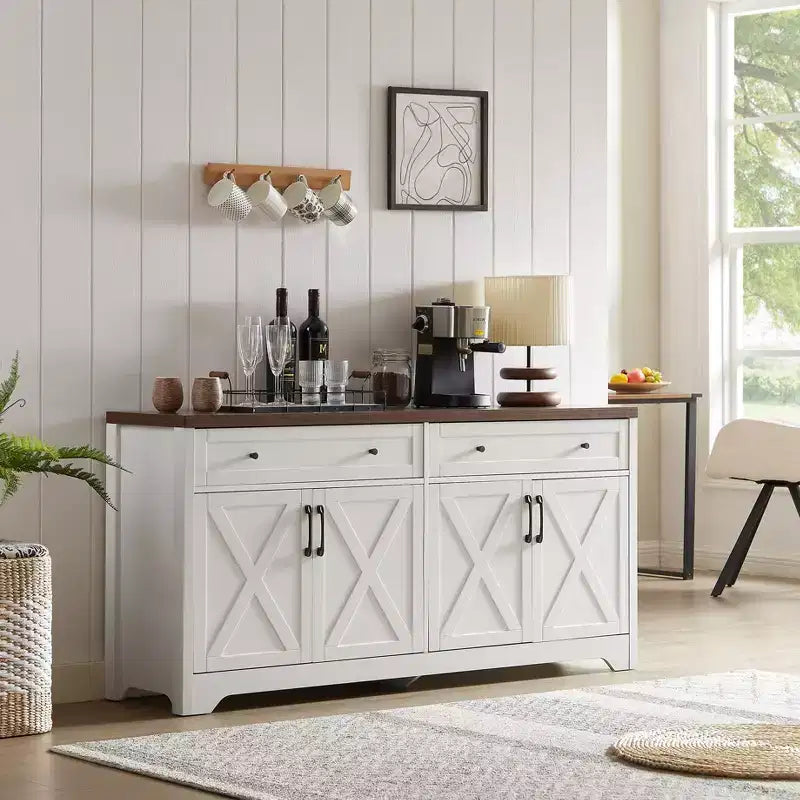 Meuble de rangement Okak, Buffet avec 2 portes décorées et 2 tiroirs, Armoire de rangement pour salon, salle à manger, cuisine