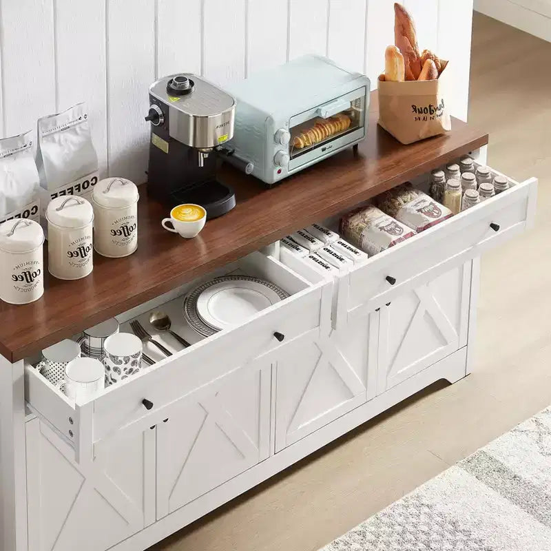 Meuble de rangement Okak, Buffet avec 2 portes décorées et 2 tiroirs, Armoire de rangement pour salon, salle à manger, cuisine