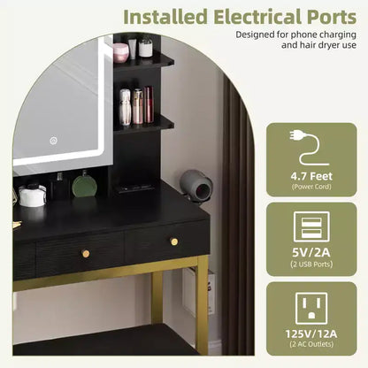 Coiffeuse avec miroir LED lumineux, 3 tiroirs de rangement et hub d'alimentation