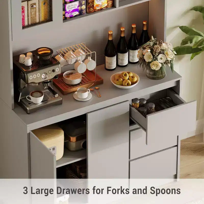 COZONY 71 Meuble de rangement de cuisine haut avec lumières LED et station de charge, armoire d'angle réglable avec étagère à micro-ondes pour un rangement optimal