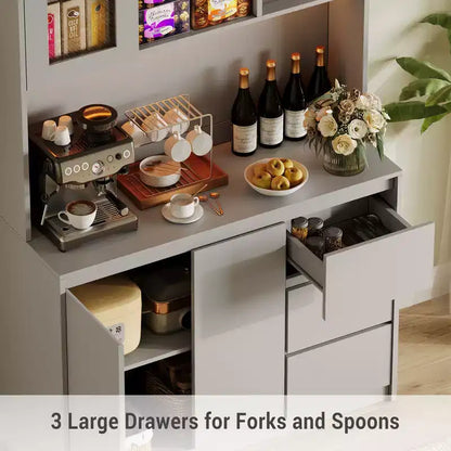 COZONY 71 Meuble de rangement de cuisine haut avec lumières LED et station de charge, armoire d'angle réglable avec étagère à micro-ondes pour un rangement optimal