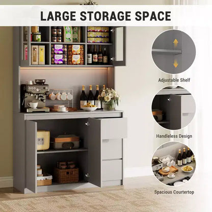 COZONY 71 Meuble de rangement de cuisine haut avec lumières LED et station de charge, armoire d'angle réglable avec étagère à micro-ondes pour un rangement optimal