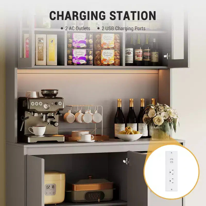 COZONY 71 Meuble de rangement de cuisine haut avec lumières LED et station de charge, armoire d'angle réglable avec étagère à micro-ondes pour un rangement optimal