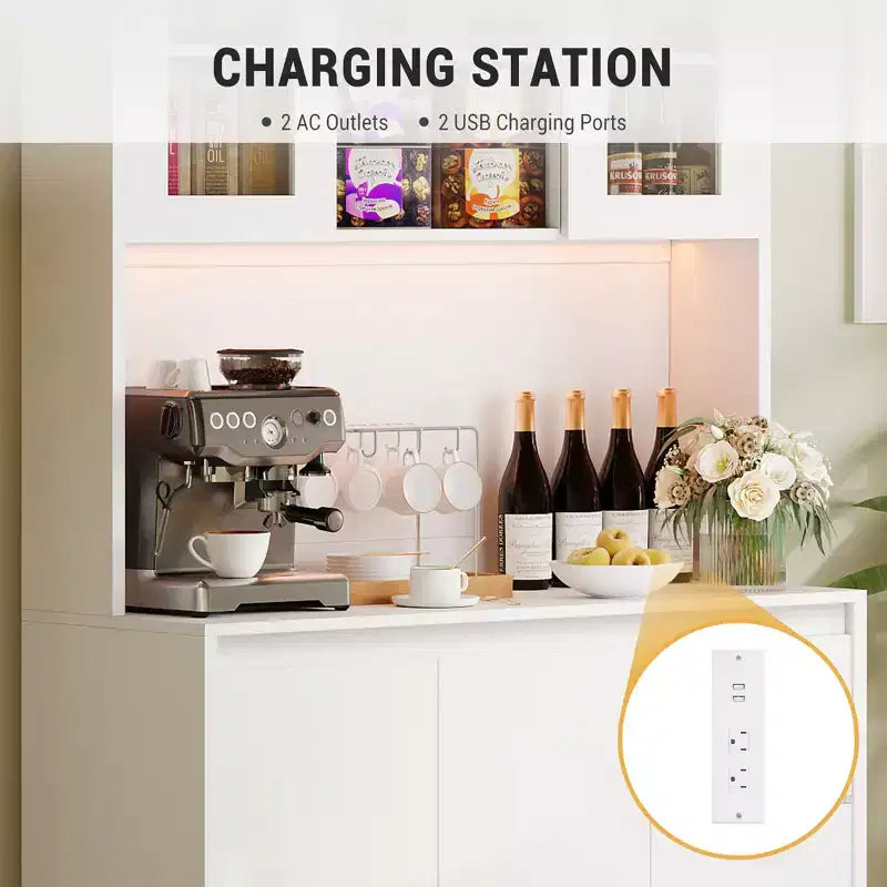 COZONY 71 Meuble de rangement de cuisine haut avec lumières LED et station de charge, armoire d'angle réglable avec étagère à micro-ondes pour un rangement optimal