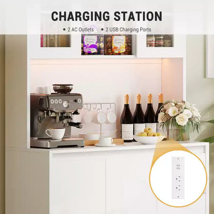 COZONY 71 Meuble de rangement de cuisine haut avec lumières LED et station de charge, armoire d'angle réglable avec étagère à micro-ondes pour un rangement optimal