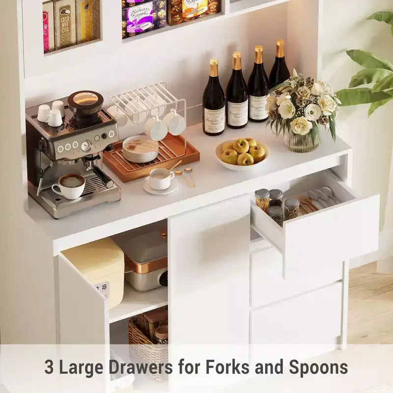 COZONY 71 Meuble de rangement de cuisine haut avec lumières LED et station de charge, armoire d'angle réglable avec étagère à micro-ondes pour un rangement optimal