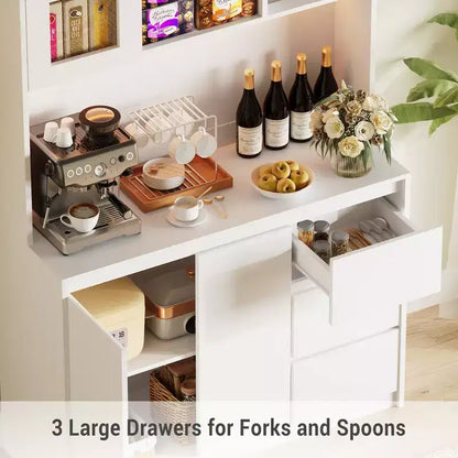 COZONY 71 Meuble de rangement de cuisine haut avec lumières LED et station de charge, armoire d'angle réglable avec étagère à micro-ondes pour un rangement optimal