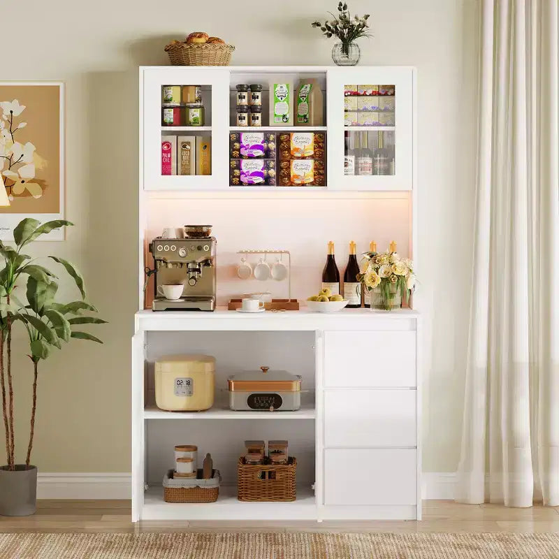 COZONY 71 Meuble de rangement de cuisine haut avec lumières LED et station de charge, armoire d'angle réglable avec étagère à micro-ondes pour un rangement optimal