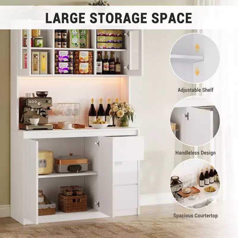 COZONY 71 Meuble de rangement de cuisine haut avec lumières LED et station de charge, armoire d'angle réglable avec étagère à micro-ondes pour un rangement optimal