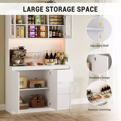 COZONY 71 Meuble de rangement de cuisine haut avec lumières LED et station de charge, armoire d'angle réglable avec étagère à micro-ondes pour un rangement optimal
