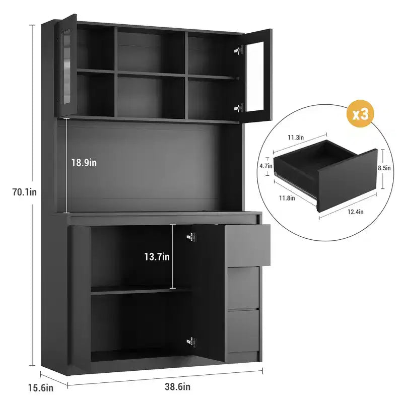COZONY 71 Meuble de rangement de cuisine haut avec lumières LED et station de charge, armoire d'angle réglable avec étagère à micro-ondes pour un rangement optimal