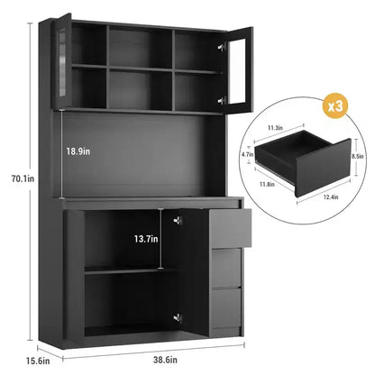 COZONY 71 Meuble de rangement de cuisine haut avec lumières LED et station de charge, armoire d'angle réglable avec étagère à micro-ondes pour un rangement optimal