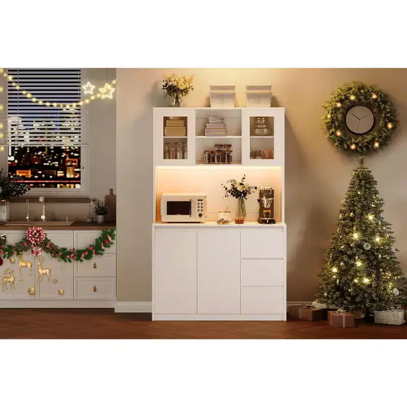 COZONY 71 Meuble de rangement de cuisine haut avec lumières LED et station de charge, armoire d'angle réglable avec étagère à micro-ondes pour un rangement optimal