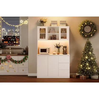 COZONY 71 Meuble de rangement de cuisine haut avec lumières LED et station de charge, armoire d'angle réglable avec étagère à micro-ondes pour un rangement optimal