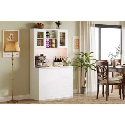COZONY 71 Meuble de rangement de cuisine haut avec lumières LED et station de charge, armoire d'angle réglable avec étagère à micro-ondes pour un rangement optimal
