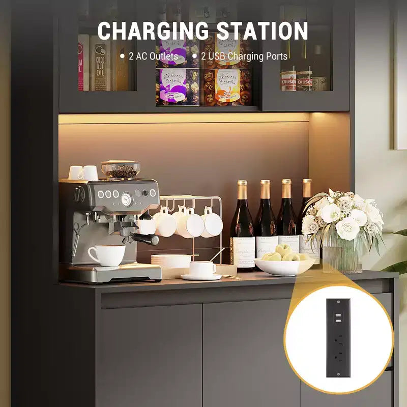 COZONY 71 Meuble de rangement de cuisine haut avec lumières LED et station de charge, armoire d'angle réglable avec étagère à micro-ondes pour un rangement optimal