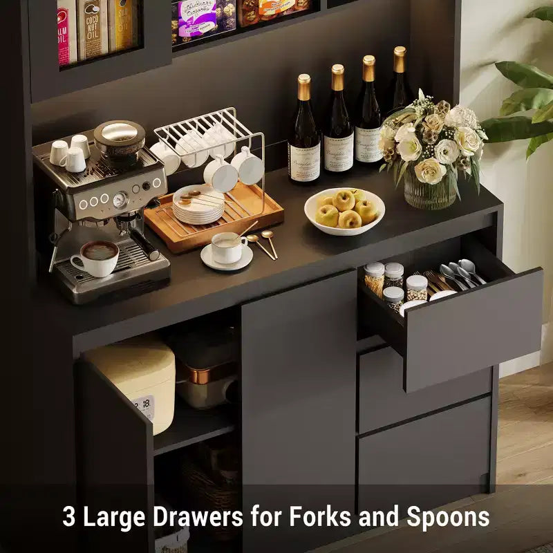 COZONY 71 Meuble de rangement de cuisine haut avec lumières LED et station de charge, armoire d'angle réglable avec étagère à micro-ondes pour un rangement optimal
