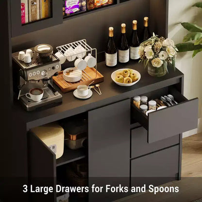 COZONY 71 Meuble de rangement de cuisine haut avec lumières LED et station de charge, armoire d'angle réglable avec étagère à micro-ondes pour un rangement optimal