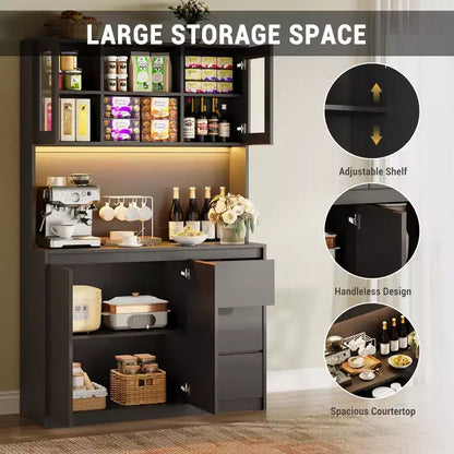 COZONY 71 Meuble de rangement de cuisine haut avec lumières LED et station de charge, armoire d'angle réglable avec étagère à micro-ondes pour un rangement optimal