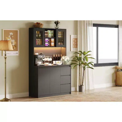 COZONY 71 Meuble de rangement de cuisine haut avec lumières LED et station de charge, armoire d'angle réglable avec étagère à micro-ondes pour un rangement optimal