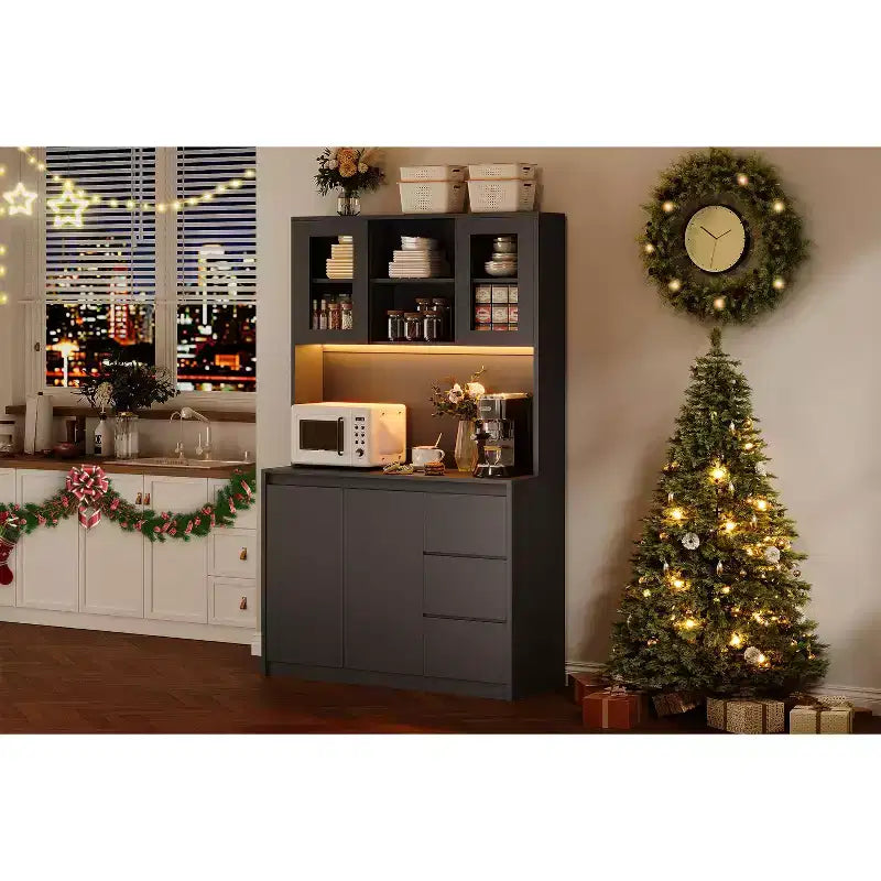 COZONY 71 Meuble de rangement de cuisine haut avec lumières LED et station de charge, armoire d'angle réglable avec étagère à micro-ondes pour un rangement optimal