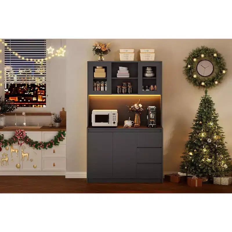 COZONY 71 Meuble de rangement de cuisine haut avec lumières LED et station de charge, armoire d'angle réglable avec étagère à micro-ondes pour un rangement optimal