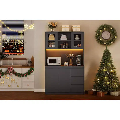 COZONY 71 Meuble de rangement de cuisine haut avec lumières LED et station de charge, armoire d'angle réglable avec étagère à micro-ondes pour un rangement optimal