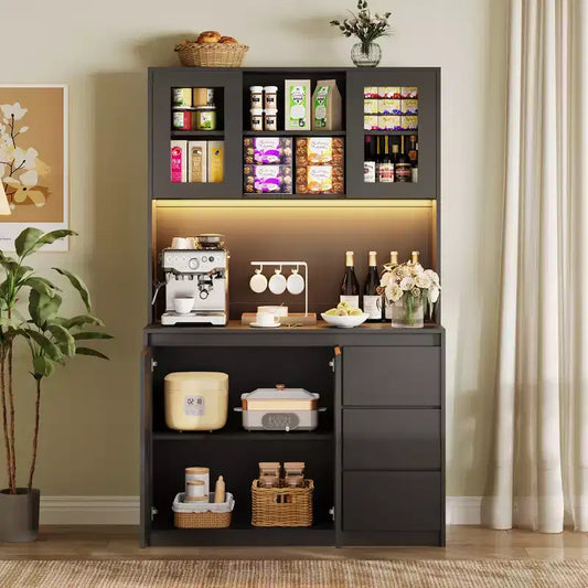 COZONY 71 Tall Kitchen Storage Hutch with LED Lights & Charging Station, Adjustable Corner Pantry Cabinet with Microwave Shelf for Optimal
