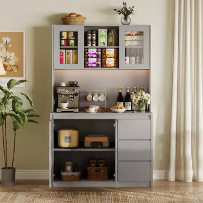 COZONY 71 Meuble de rangement de cuisine haut avec lumières LED et station de charge, armoire d'angle réglable avec étagère à micro-ondes pour un rangement optimal